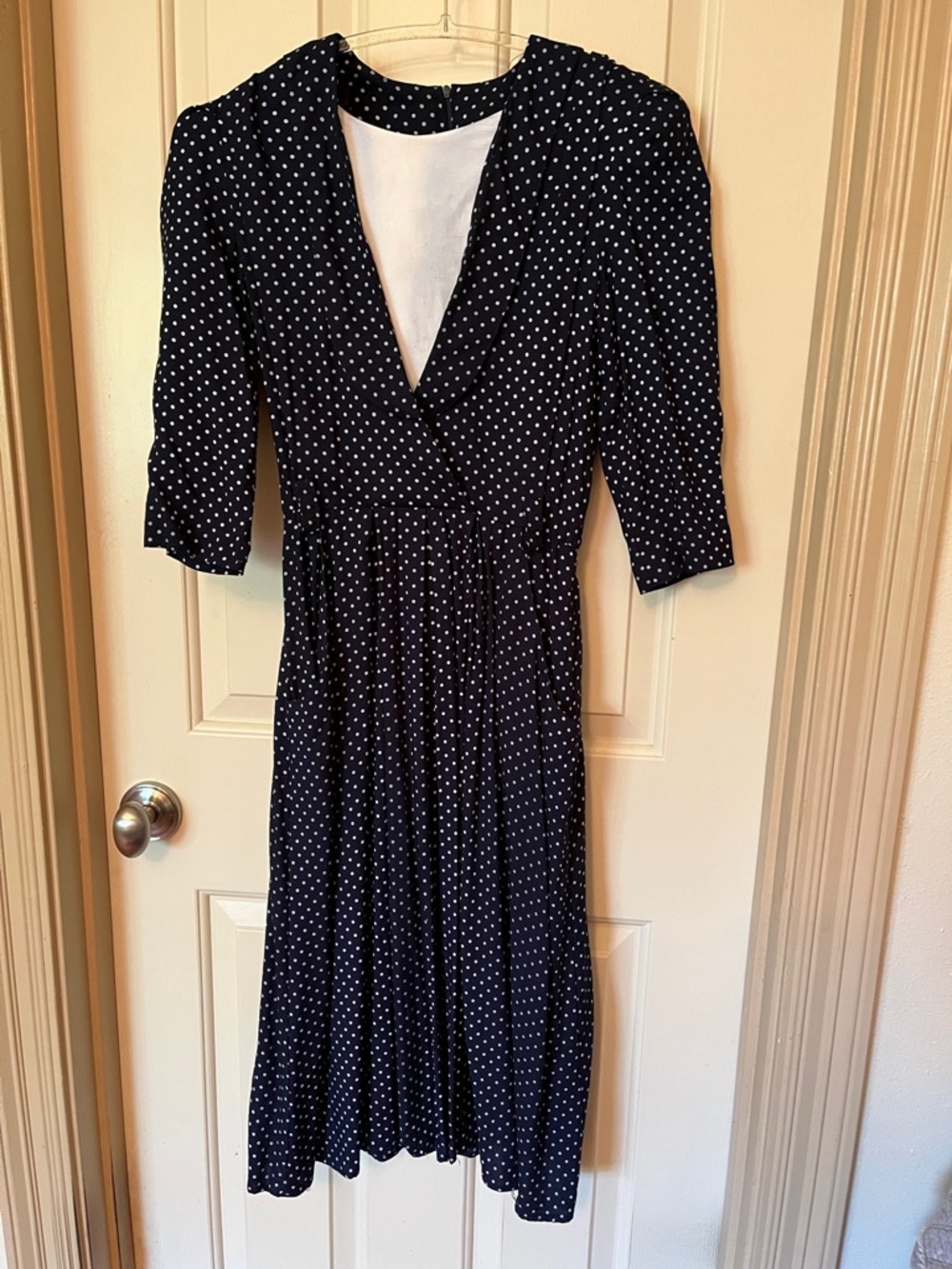 Vintage Navy Polka Dot Midi Dress with Wrap Bodice made in USA